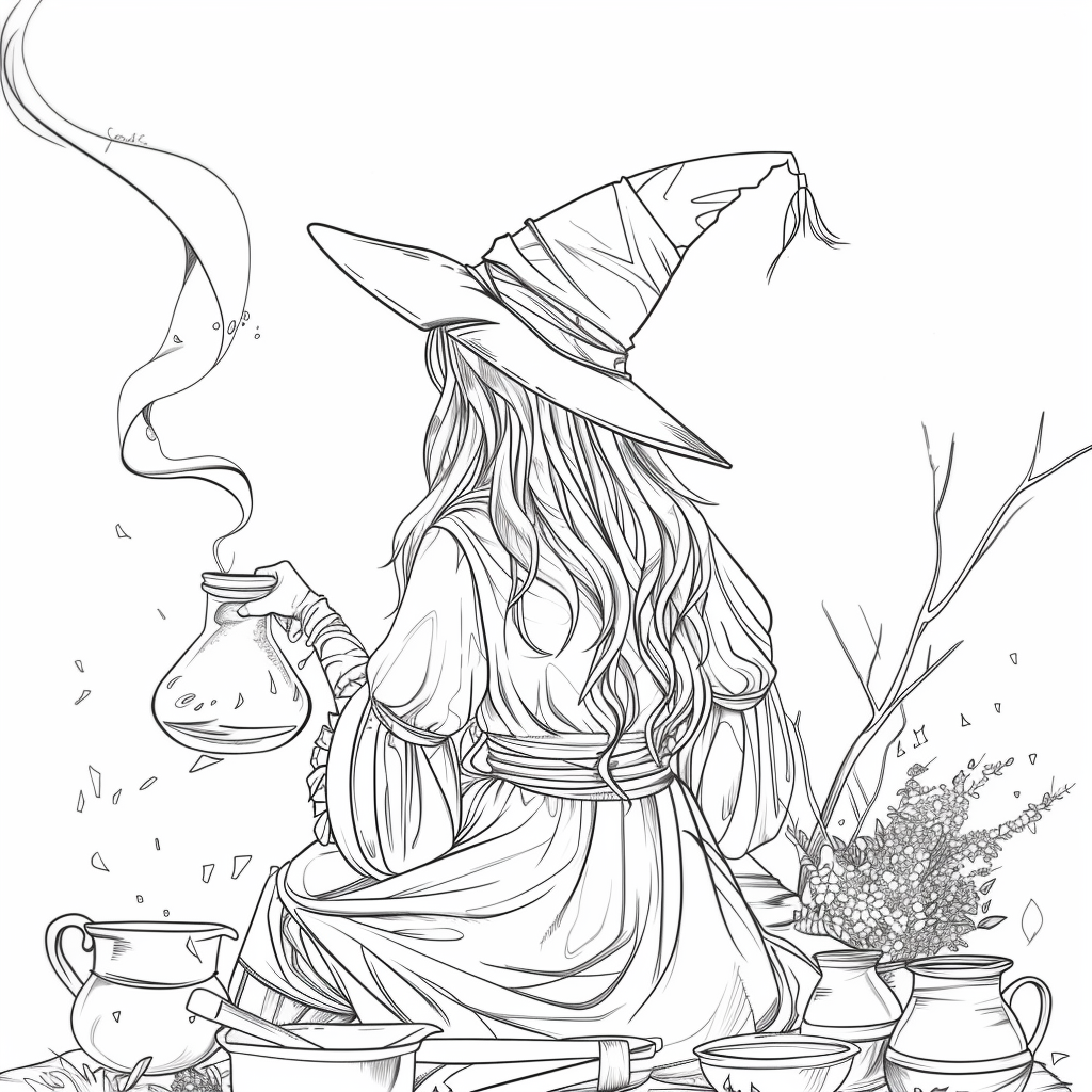 fantasy witch with a poison coloring page free printable