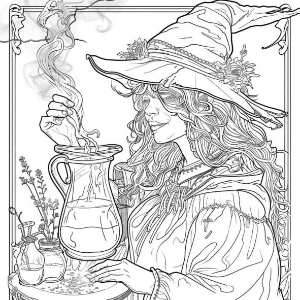 fantasy witch with a poison coloring page free printable