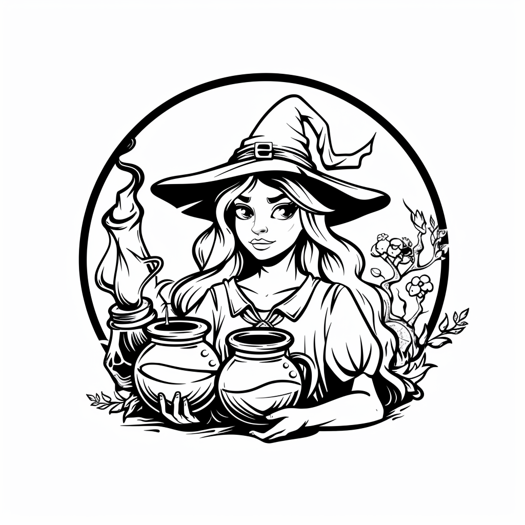 fantasy witch with a poison coloring page free printable