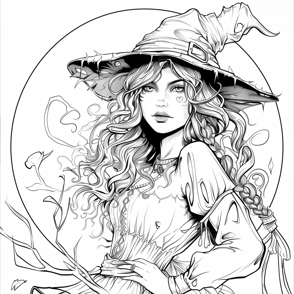 fantasy witch coloring page free printable