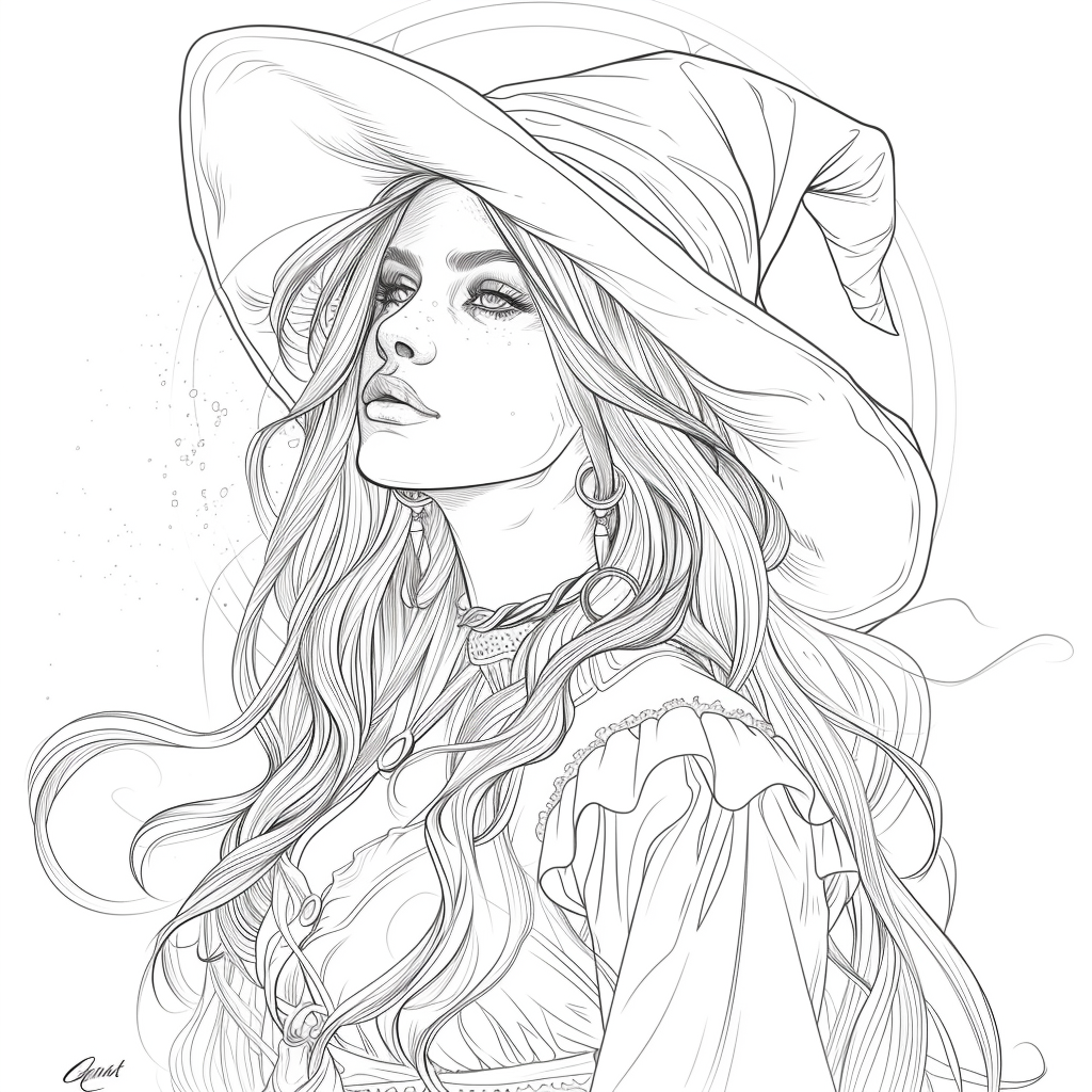 fantasy witch coloring page free printable