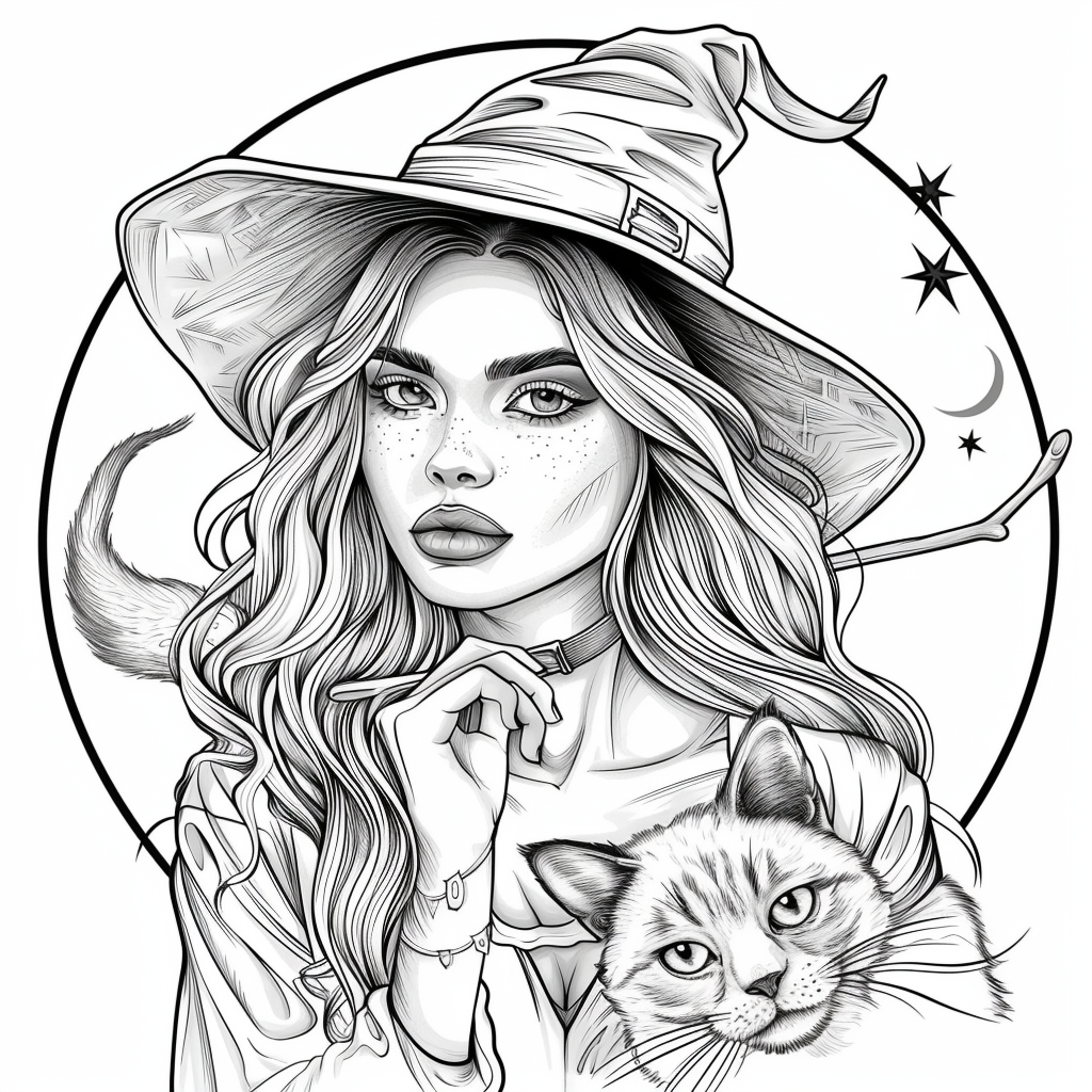 fantasy witch with a cat coloring page free printable