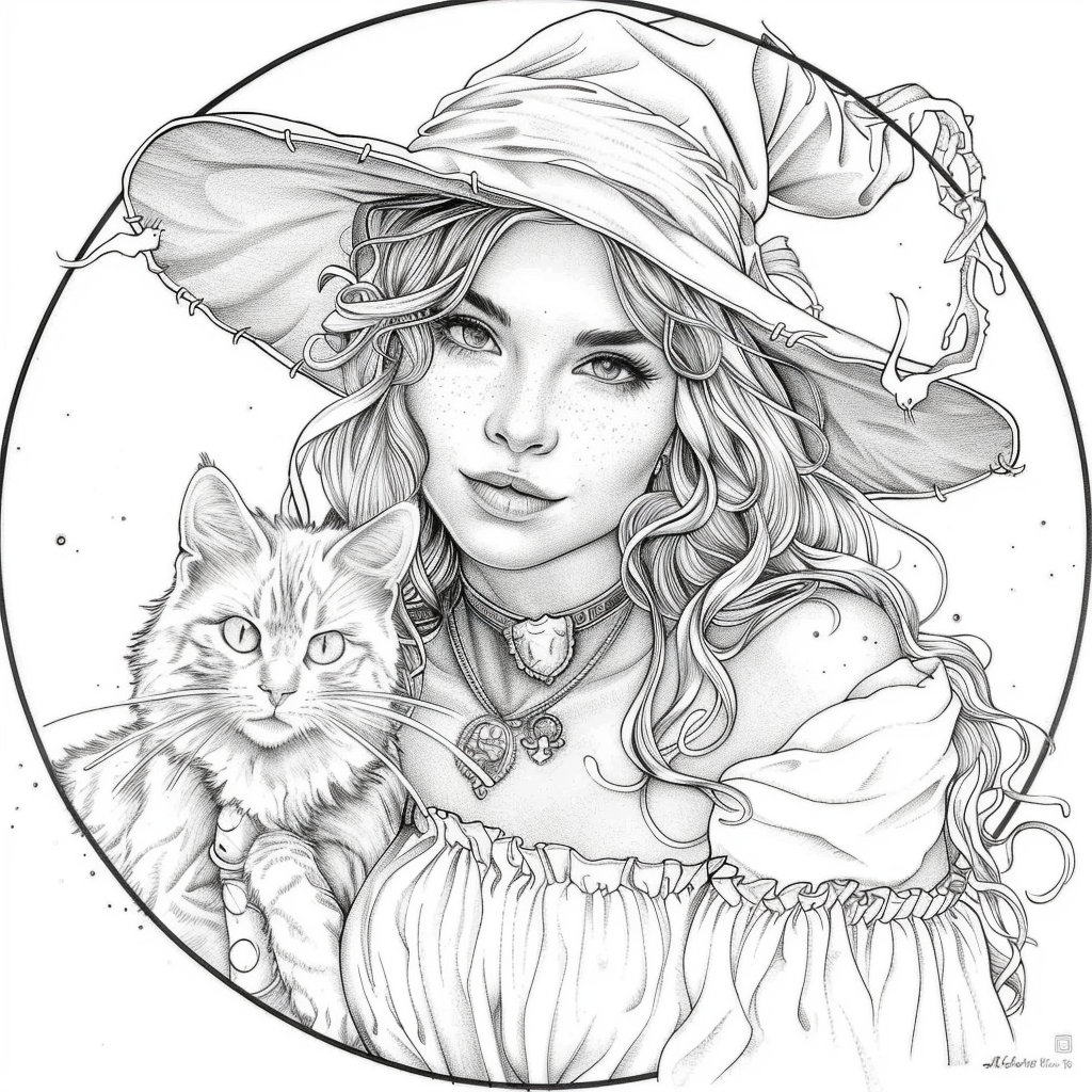 fantasy witch with a cat coloring page free printable