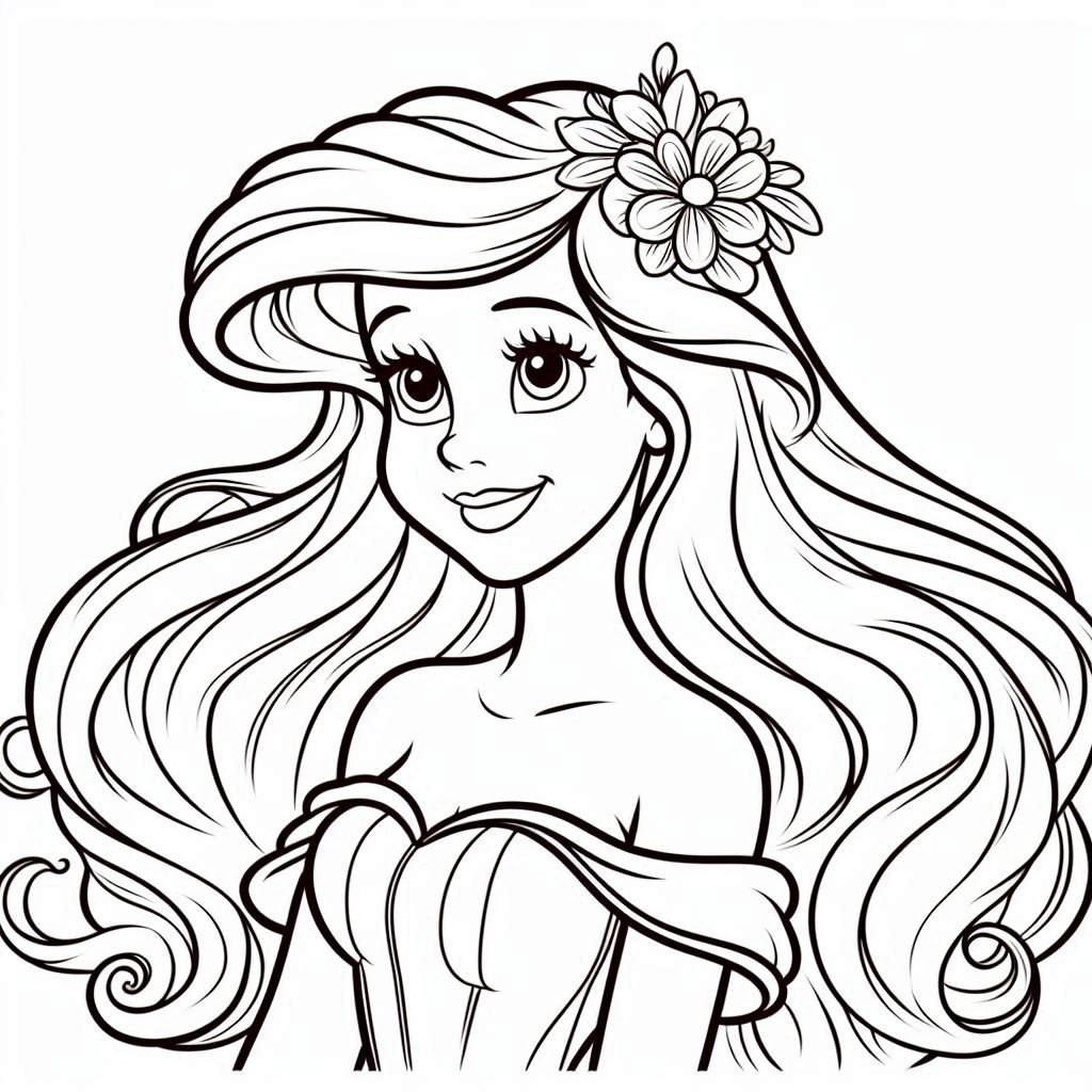 princess ariel disney simple crisp lines, rounded coloring page