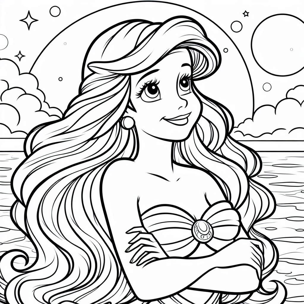 princess ariel disney simple crisp lines, rounded coloring page