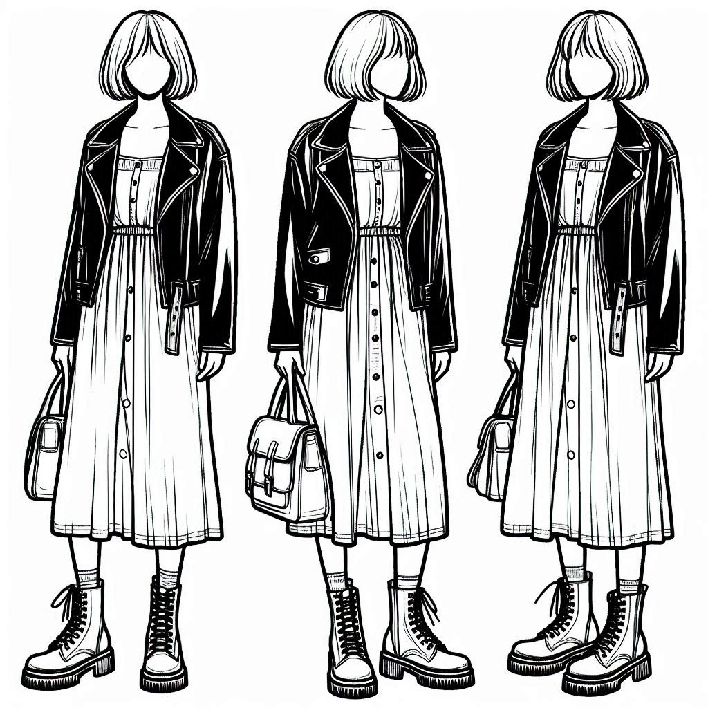 coloring page showing a trendy fall outfit: a leather jacket layered over a fitted denim dress. The person has a short bob haircut with blunt ends and is wearing combat boots with chunky soles for an edgy look