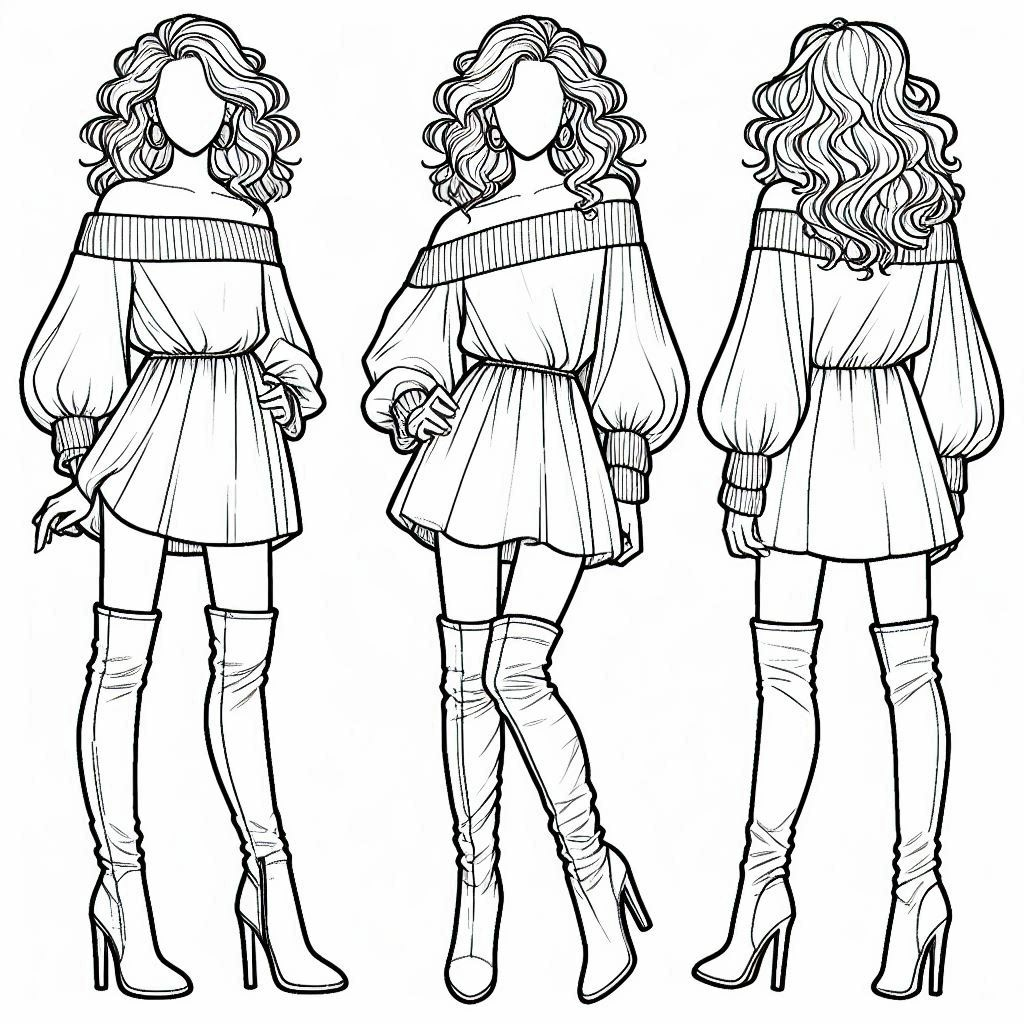 fall fashion coloring page featuring a person in knee-high boots and a short, long-sleeve dress. They have medium-length curly hair styled in loose waves, and their boots are high-heeled with a snug fit around the calves