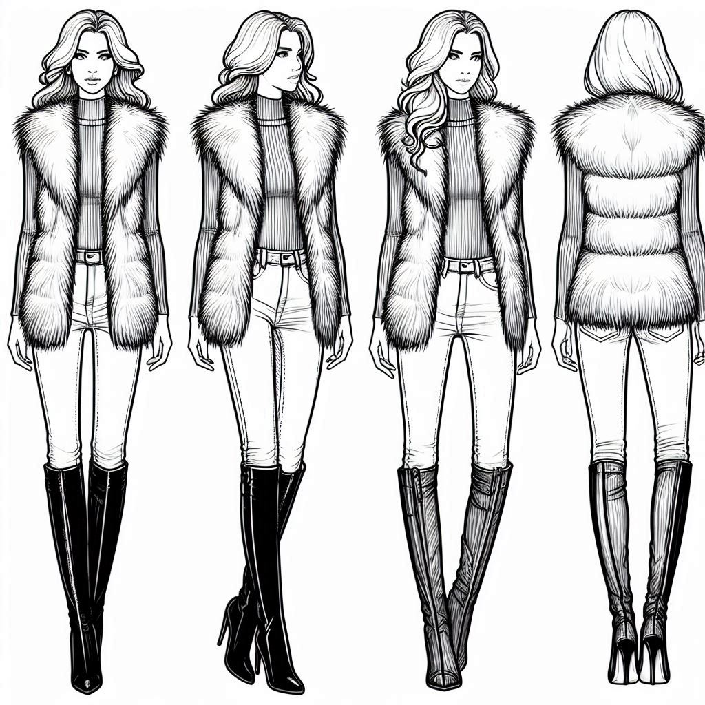 coloring page illustration of a person in a stylish faux fur vest over a fitted turtleneck, paired with slim-fit jeans. The person has shoulder-length hair styled in loose waves and is wearing sleek knee-high riding boots.