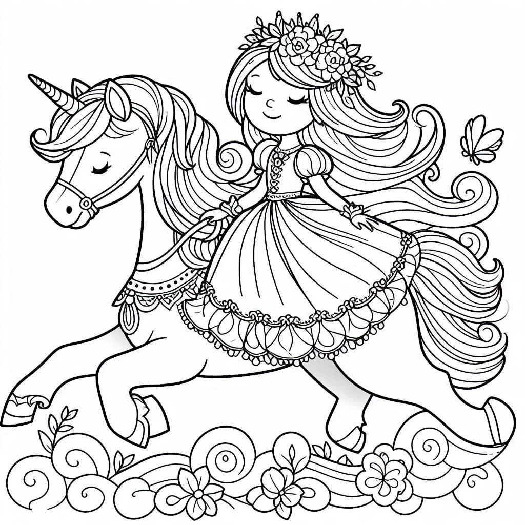 Princess on a Unicorn Coloring Pages