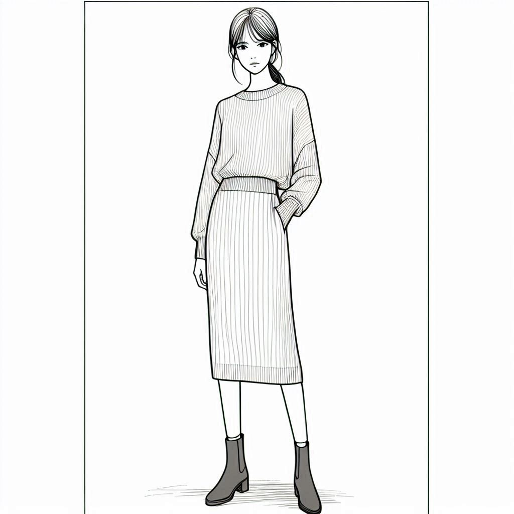 simple line art coloring page of a person wearing a monochrome neutral fall outfit, featuring a fitted sweater and a matching midi skirt