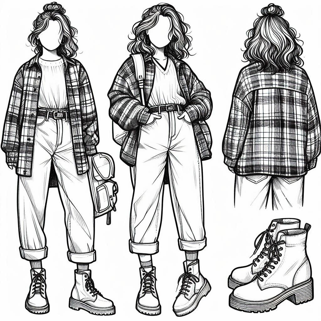 line art illustration for a coloring page showing a person wearing a plaid shacket over a basic top, paired with mom jeans. The person has a messy bun hairstyle, and they're wearing lace-up ankle boots with a casual and sturdy design