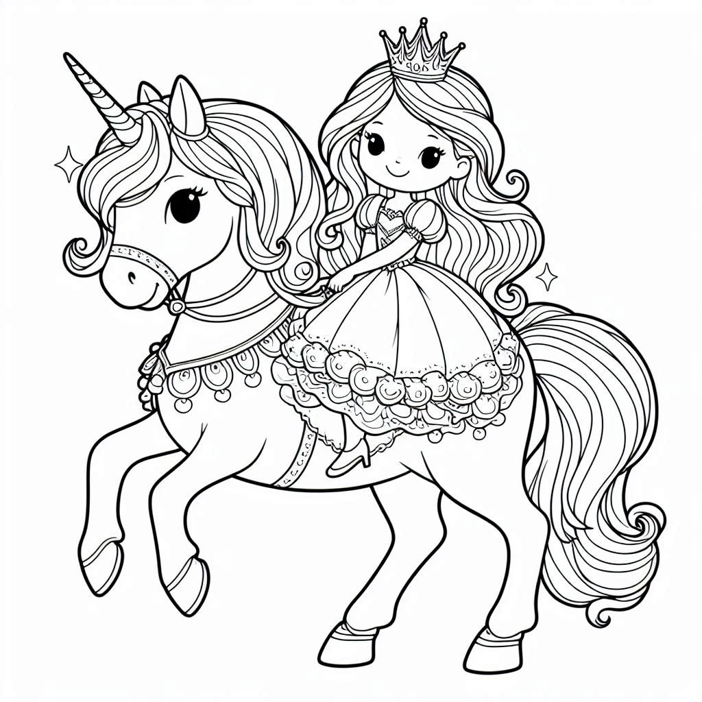 Princess on a Unicorn Coloring Pages