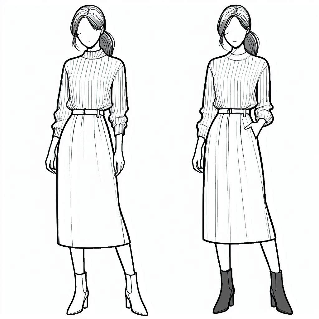 simple line art coloring page of a person wearing a monochrome neutral fall outfit, featuring a fitted sweater and a matching midi skirt