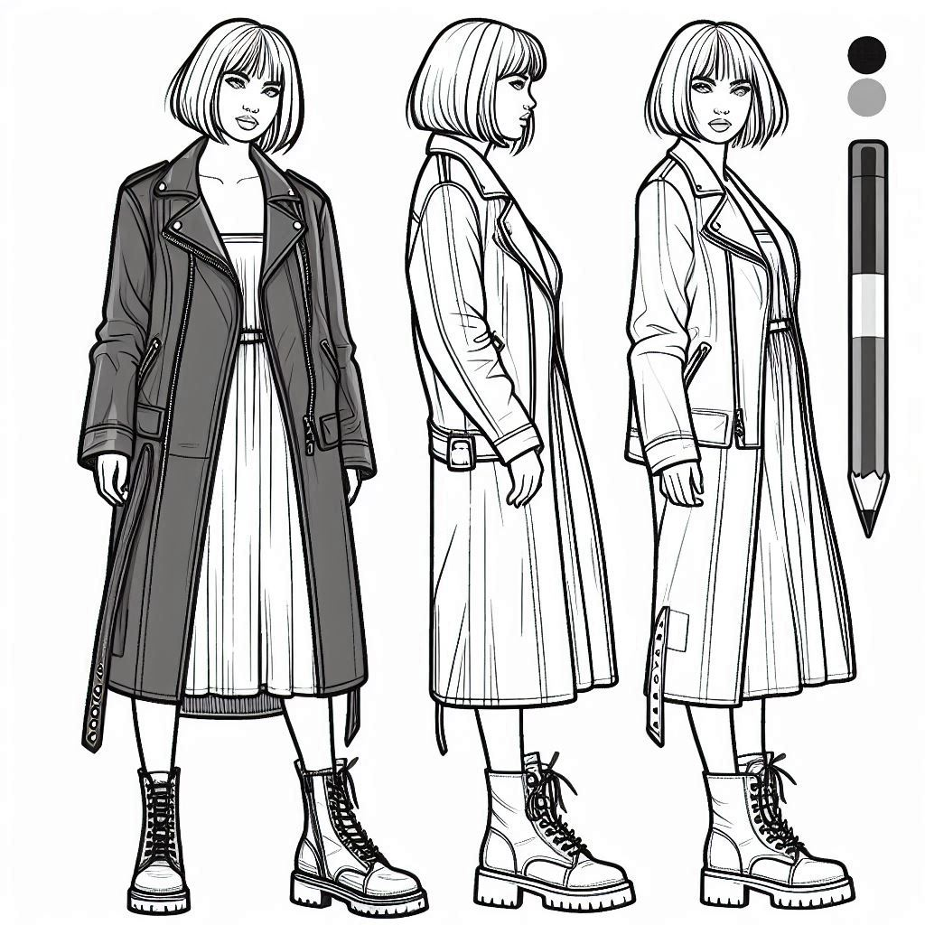 coloring page showing a trendy fall outfit: a leather jacket layered over a fitted denim dress. The person has a short bob haircut with blunt ends and is wearing combat boots with chunky soles for an edgy look