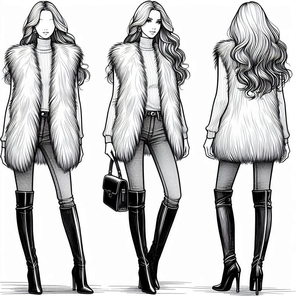 coloring page illustration of a person in a stylish faux fur vest over a fitted turtleneck, paired with slim-fit jeans. The person has shoulder-length hair styled in loose waves and is wearing sleek knee-high riding boots.