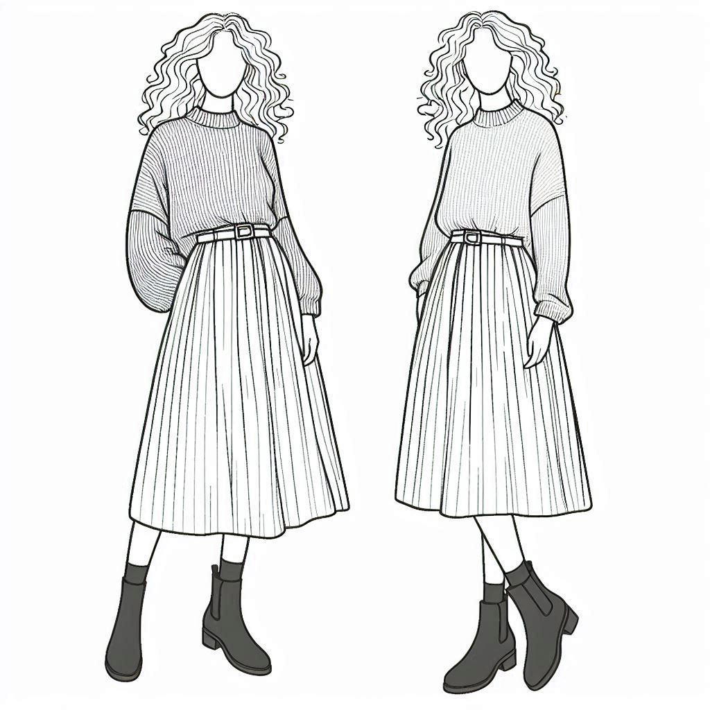 simple line art coloring page of a person wearing a monochrome neutral fall outfit, featuring a fitted sweater and a matching midi skirt