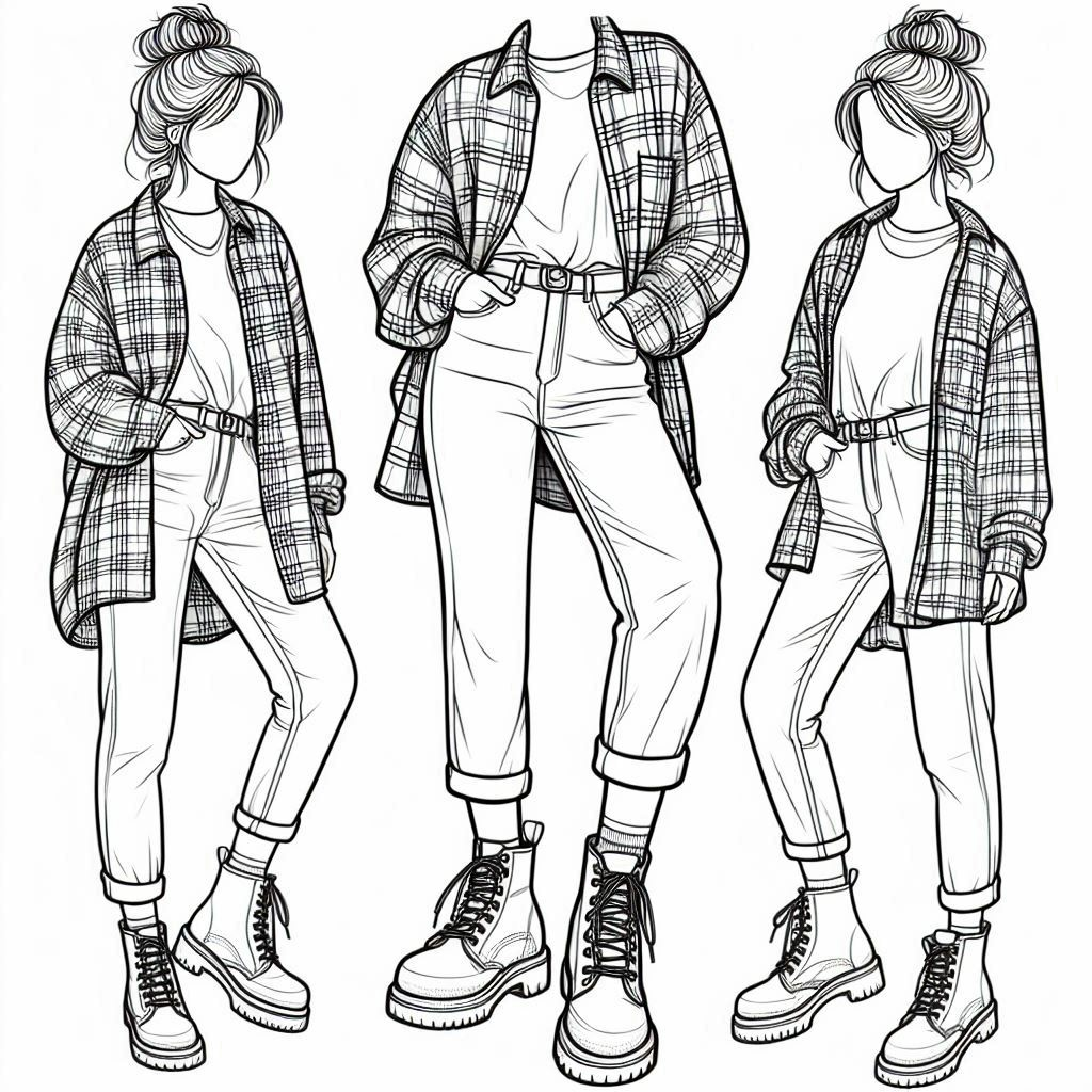 line art illustration for a coloring page showing a person wearing a plaid shacket over a basic top, paired with mom jeans. The person has a messy bun hairstyle, and they're wearing lace-up ankle boots with a casual and sturdy design