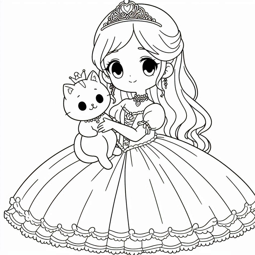 Princess with Cat Coloring Pages free printable