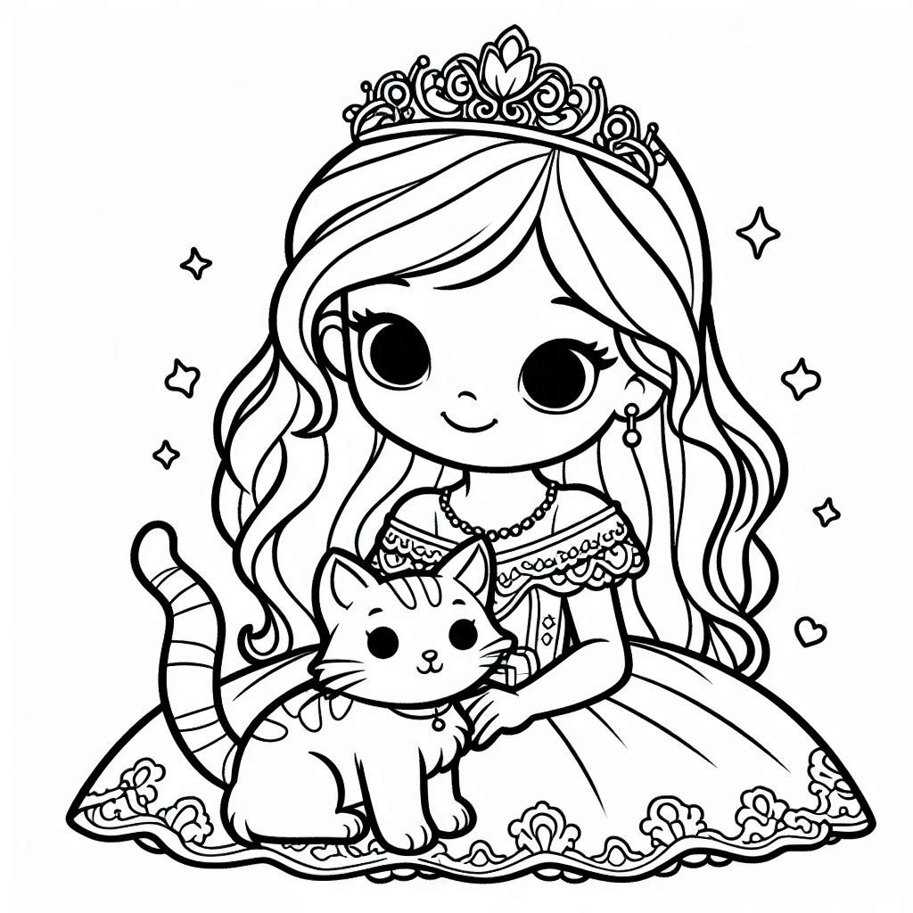 Princess with Cat Coloring Pages free printable