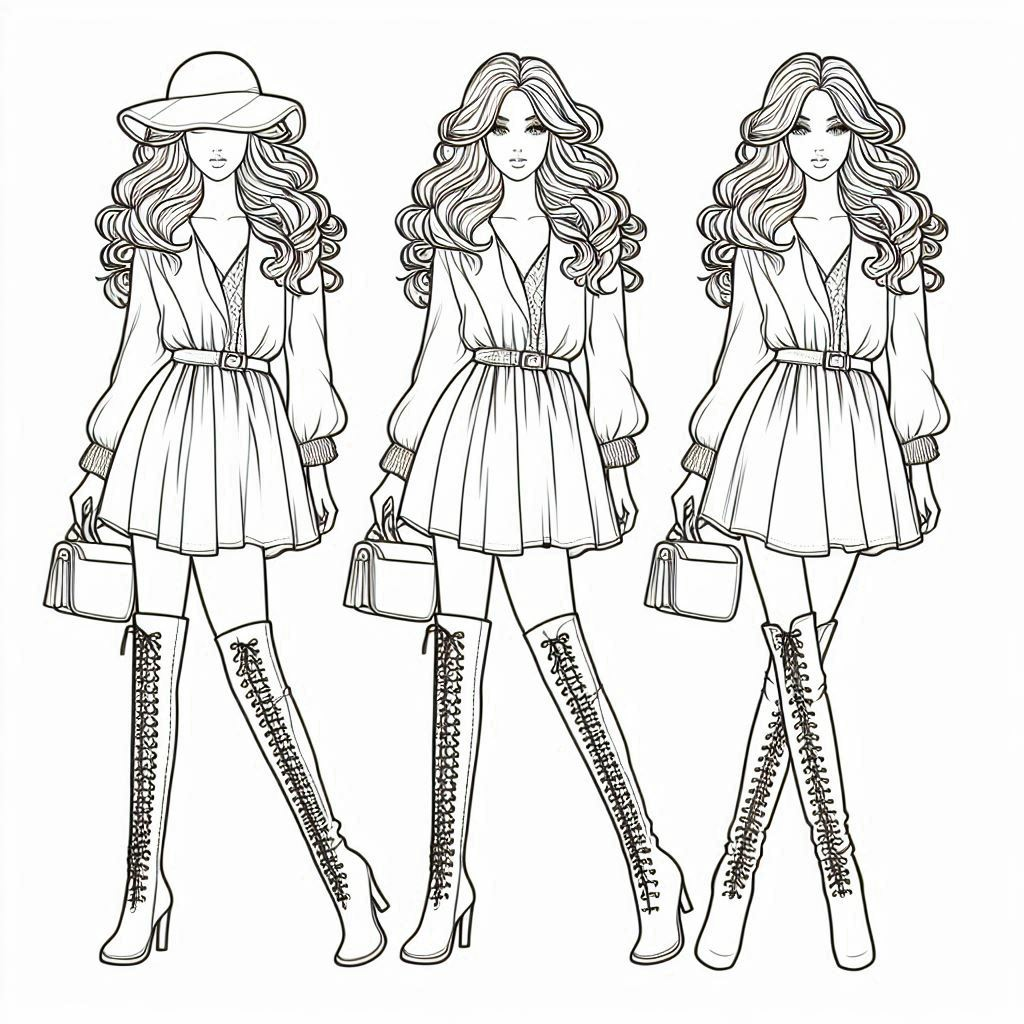 fall fashion coloring page featuring a person in knee-high boots and a short, long-sleeve dress. They have medium-length curly hair styled in loose waves, and their boots are high-heeled with a snug fit around the calves