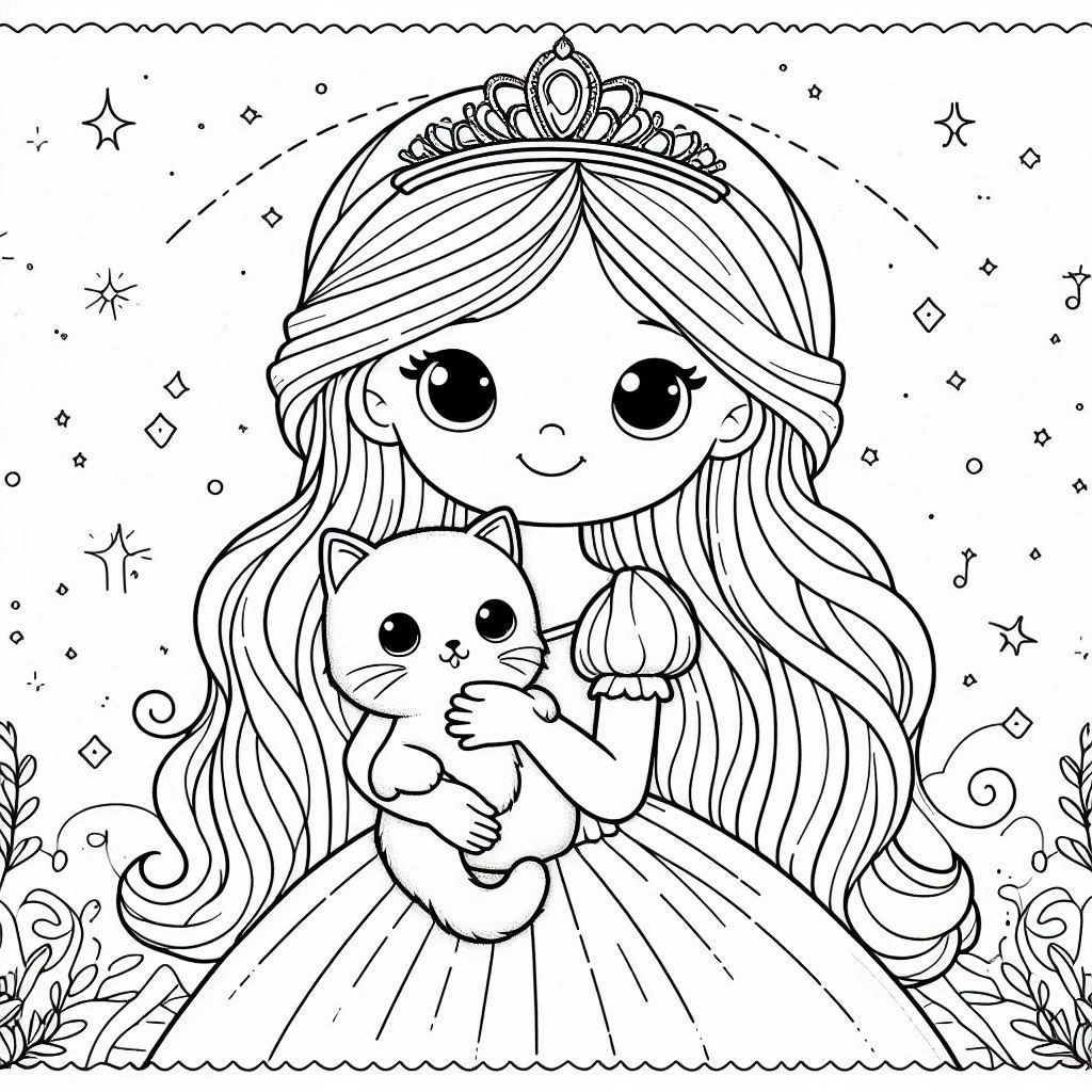 Princess with Cat Coloring Pages free printable