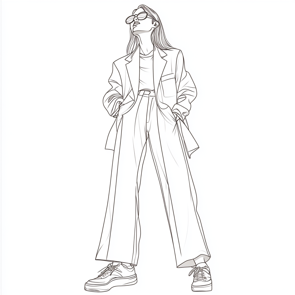 a line art illustration for a coloring page featuring a person wearing an oversized blazer with wide-leg trousers. The outfit should be stylish and relaxed, with minimal background details, allowing for easy coloring