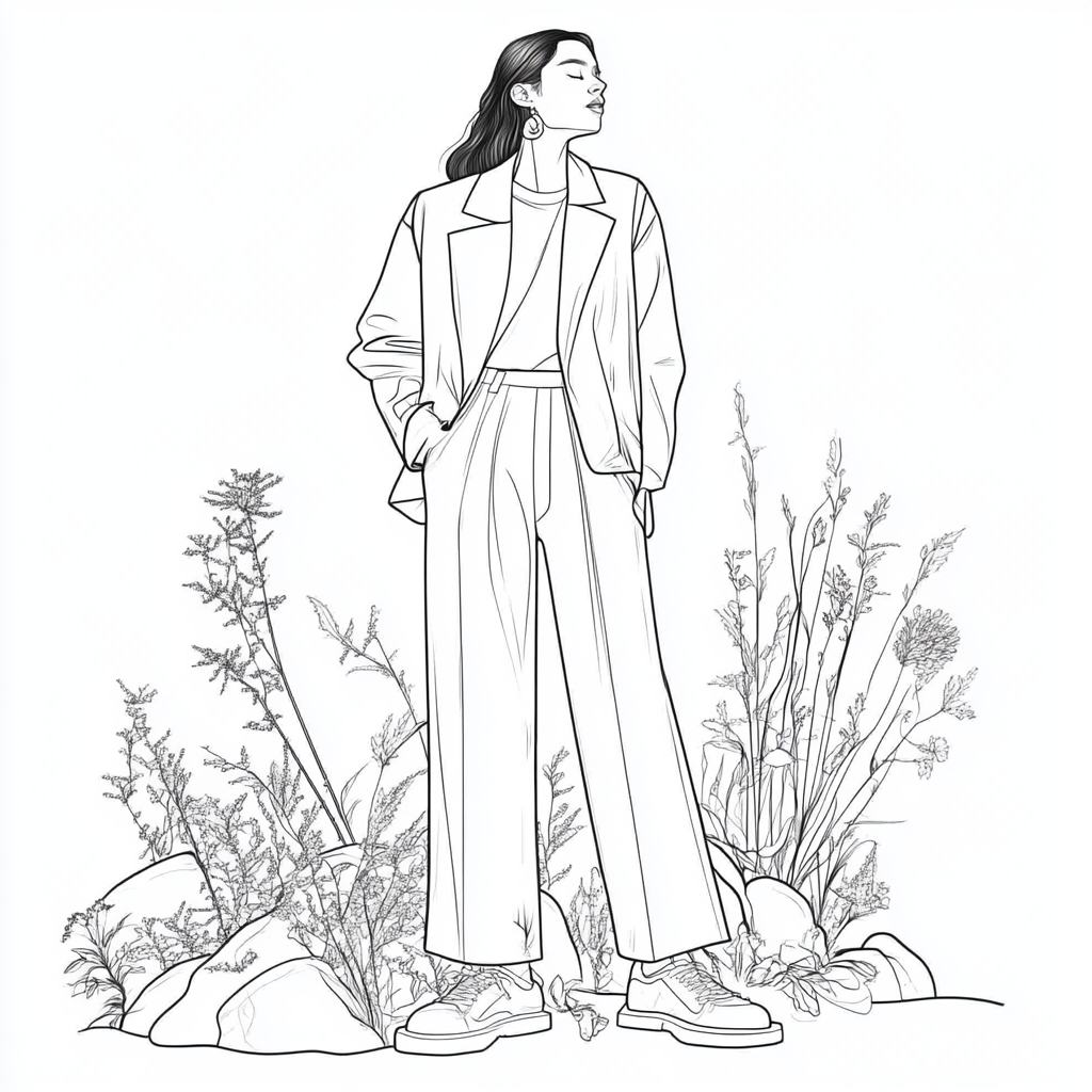 a line art illustration for a coloring page featuring a person wearing an oversized blazer with wide-leg trousers. The outfit should be stylish and relaxed, with minimal background details, allowing for easy coloring