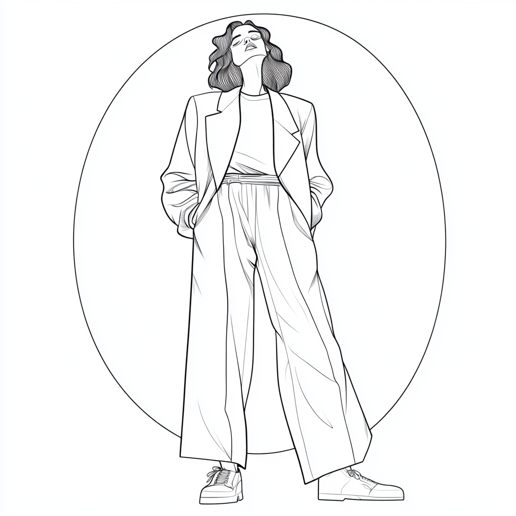 a line art illustration for a coloring page featuring a person wearing an oversized blazer with wide-leg trousers. The outfit should be stylish and relaxed, with minimal background details, allowing for easy coloring