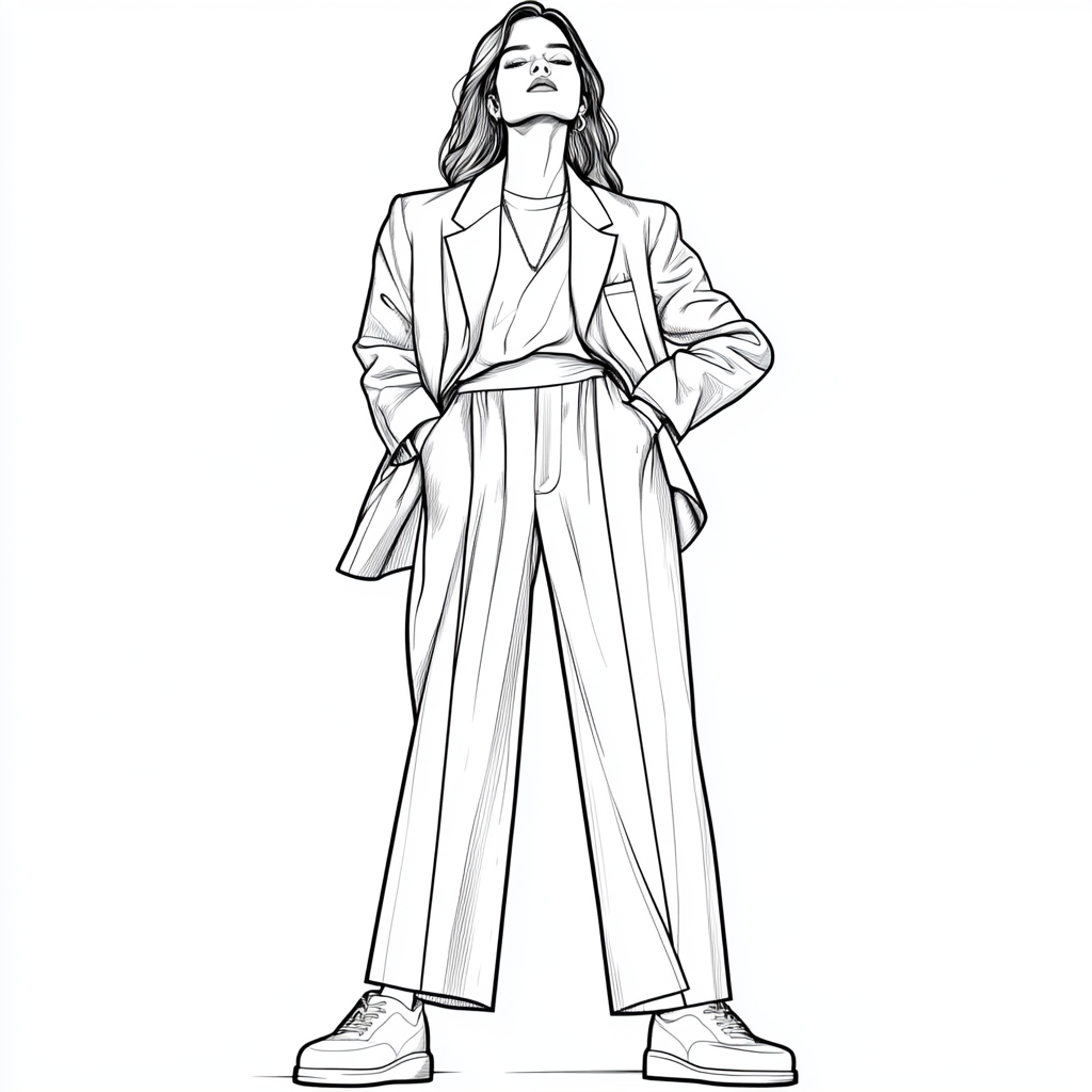 a line art illustration for a coloring page featuring a person wearing an oversized blazer with wide-leg trousers. The outfit should be stylish and relaxed, with minimal background details, allowing for easy coloring