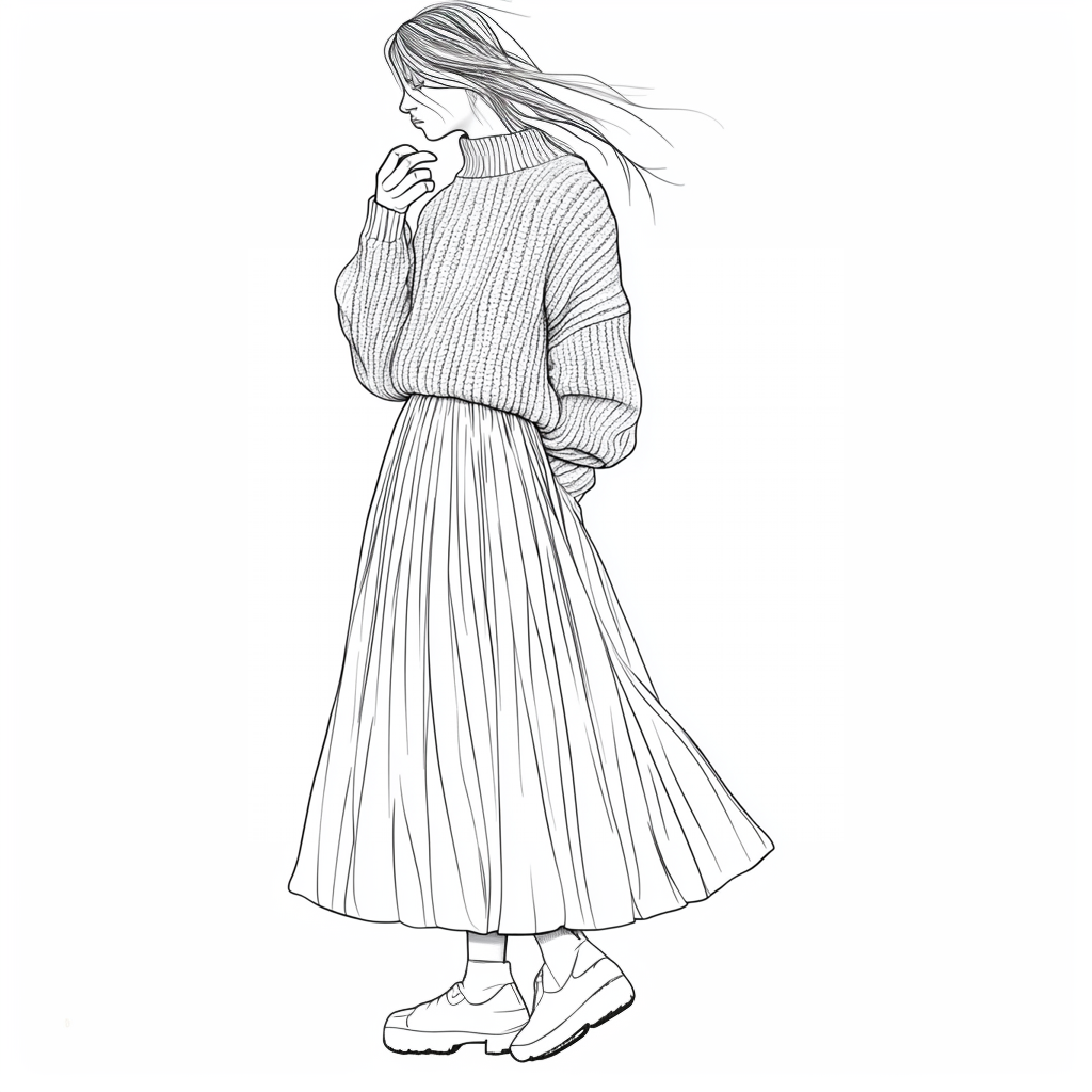 coloring page with a full body view of a person wearing an oversized chunky knit sweater paired with a flowy maxi skirt, cozy hat and stylish casual boot