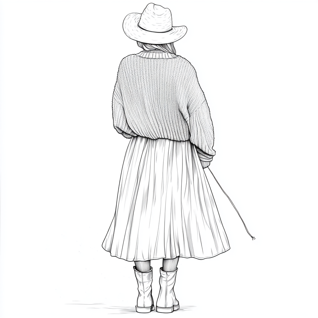 coloring page with a full body view of a person wearing an oversized chunky knit sweater paired with a flowy maxi skirt, cozy hat and stylish casual boot