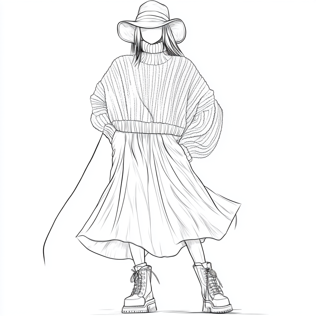 coloring page with a full body view of a person wearing an oversized chunky knit sweater paired with a flowy maxi skirt, cozy hat and stylish casual boot