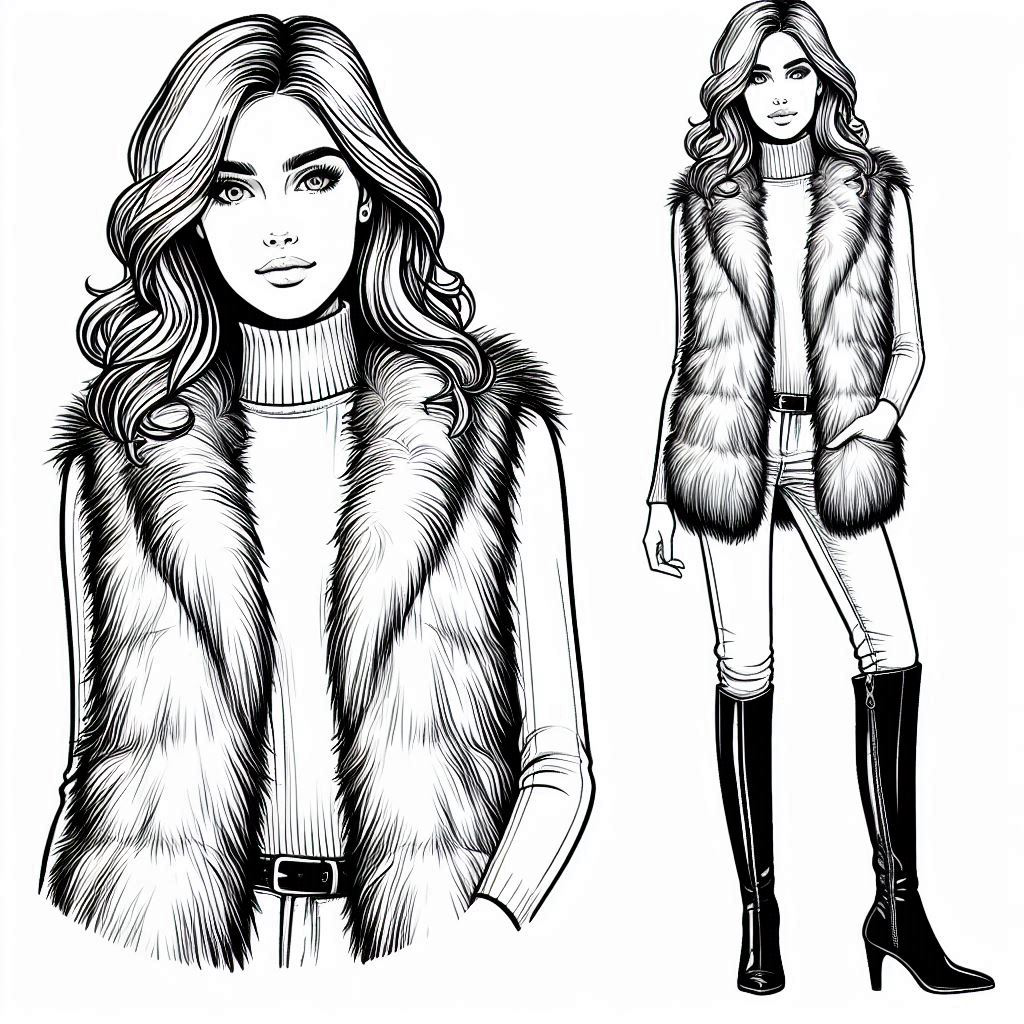 coloring page illustration of a person in a stylish faux fur vest over a fitted turtleneck, paired with slim-fit jeans. The person has shoulder-length hair styled in loose waves and is wearing sleek knee-high riding boots.