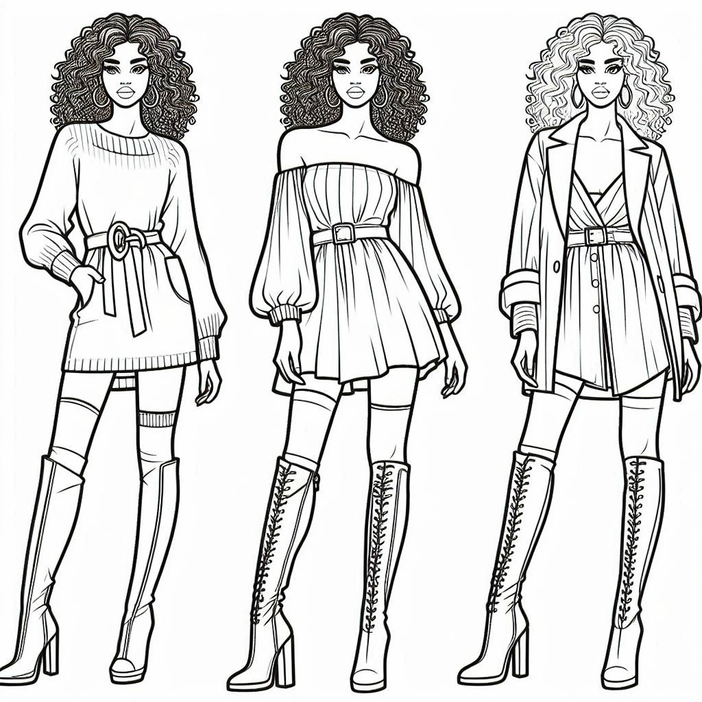 fall fashion coloring page featuring a person in knee-high boots and a short, long-sleeve dress. They have medium-length curly hair styled in loose waves, and their boots are high-heeled with a snug fit around the calves