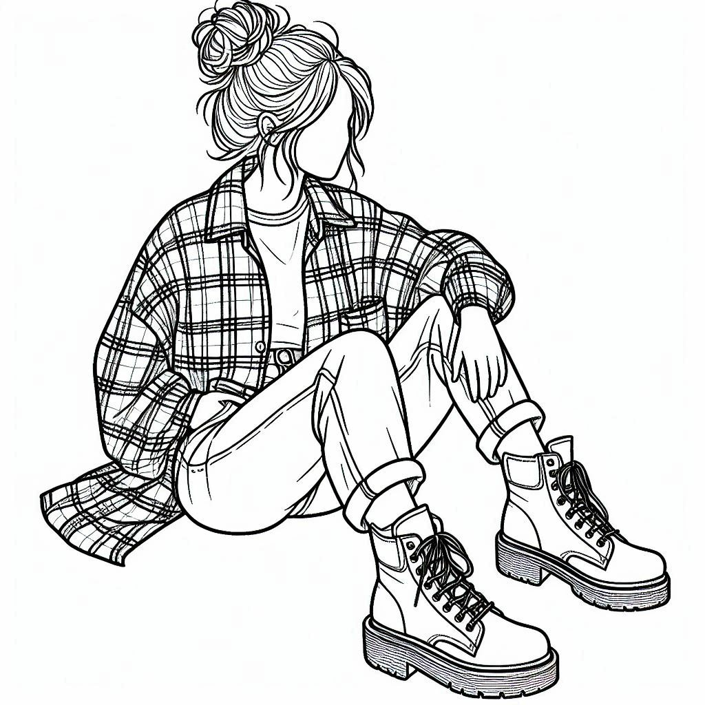 line art illustration for a coloring page showing a person wearing a plaid shacket over a basic top, paired with mom jeans. The person has a messy bun hairstyle, and they're wearing lace-up ankle boots with a casual and sturdy design