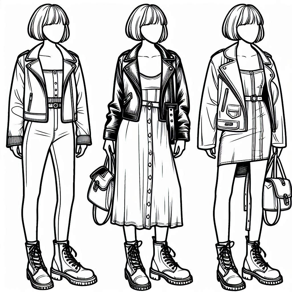 coloring page showing a trendy fall outfit: a leather jacket layered over a fitted denim dress. The person has a short bob haircut with blunt ends and is wearing combat boots with chunky soles for an edgy look