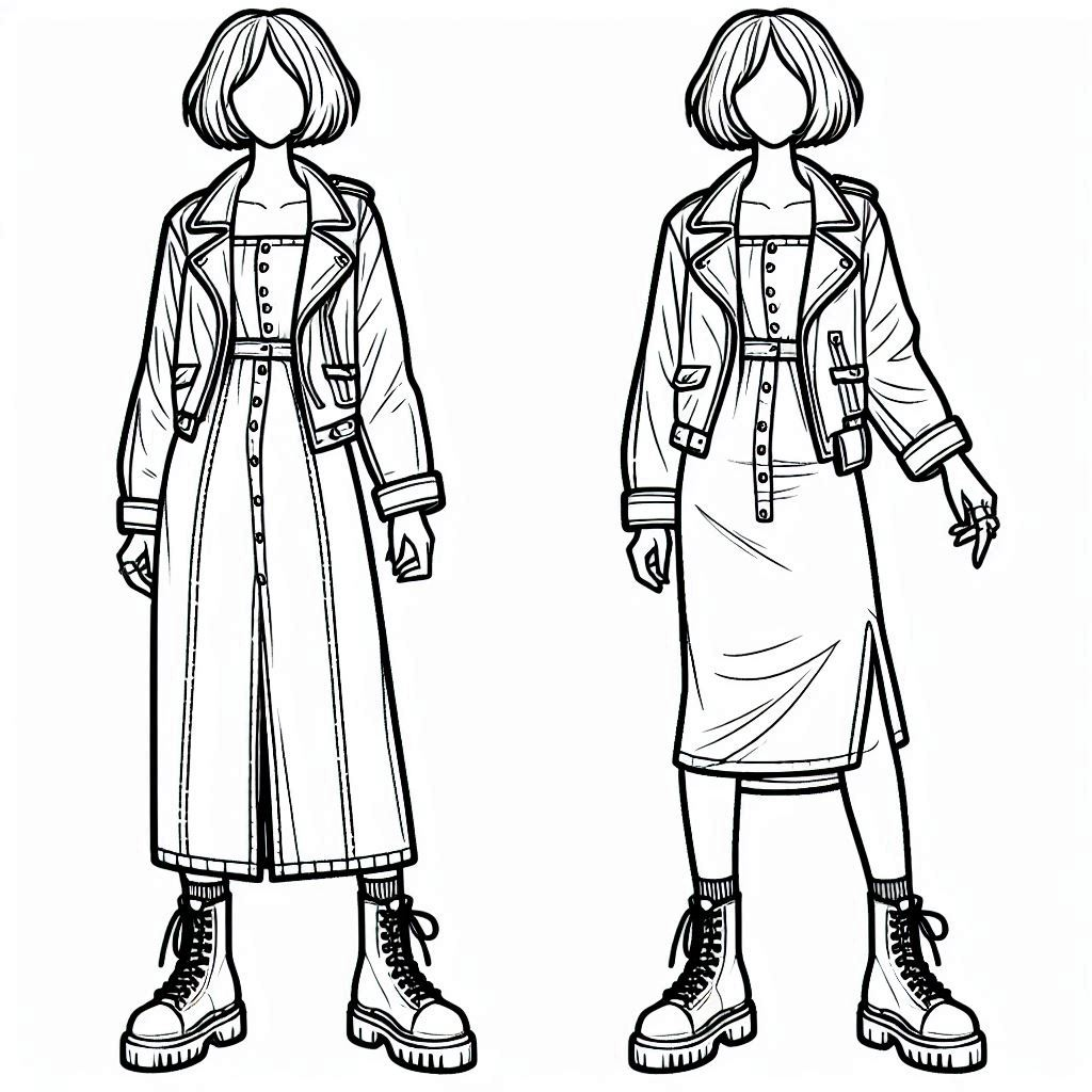 coloring page showing a trendy fall outfit: a leather jacket layered over a fitted denim dress. The person has a short bob haircut with blunt ends and is wearing combat boots with chunky soles for an edgy look