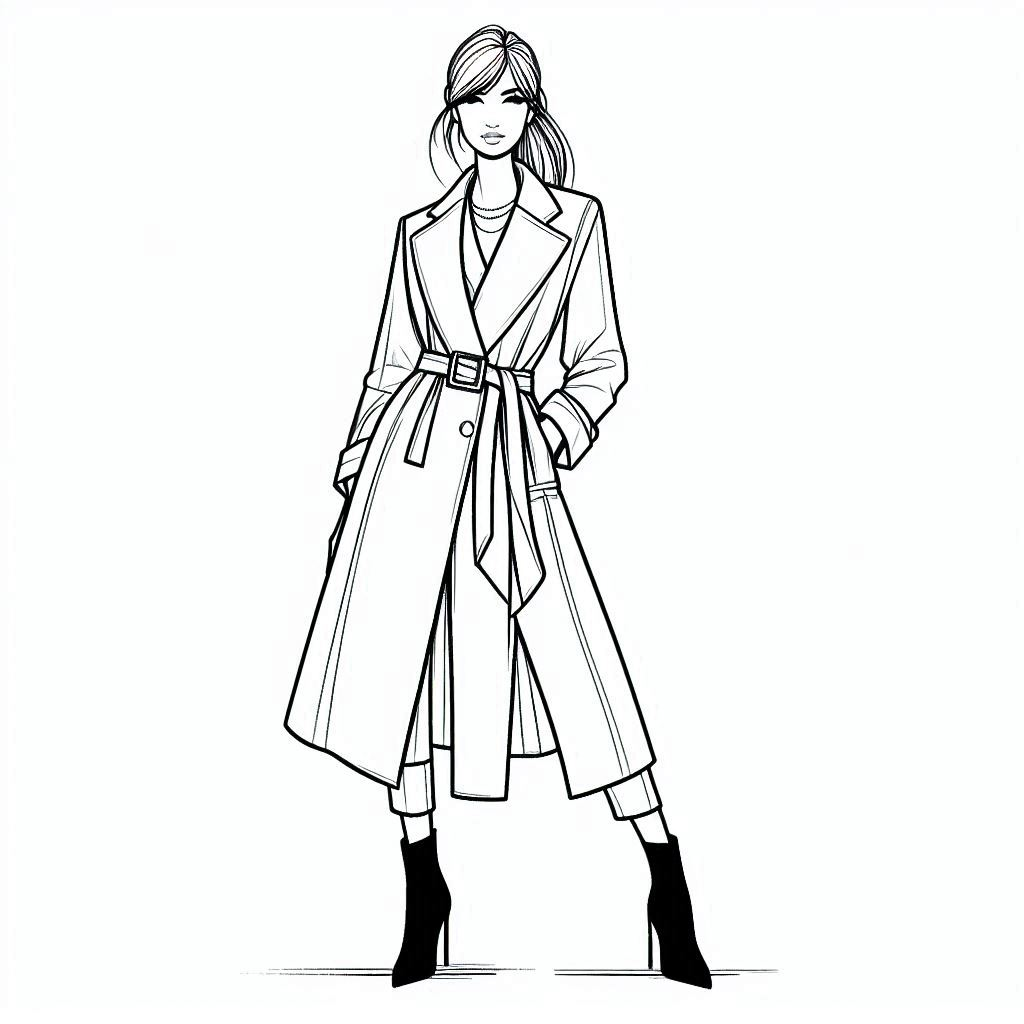 line art coloring page showing a person wearing a tailored longline coat with a bold statement belt around the waist