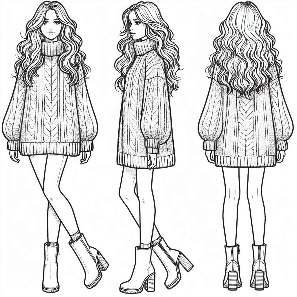 fall-themed coloring page featuring a person in a cozy turtleneck sweater dress, paired with fashionable ankle boots. The person has medium-length wavy hair that frames their face, and the boots are chunky-heeled with a casual yet stylish vibe, perfect for coloring