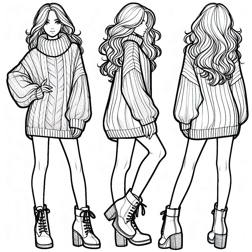 fall-themed coloring page featuring a person in a cozy turtleneck sweater dress, paired with fashionable ankle boots. The person has medium-length wavy hair that frames their face, and the boots are chunky-heeled with a casual yet stylish vibe, perfect for coloring