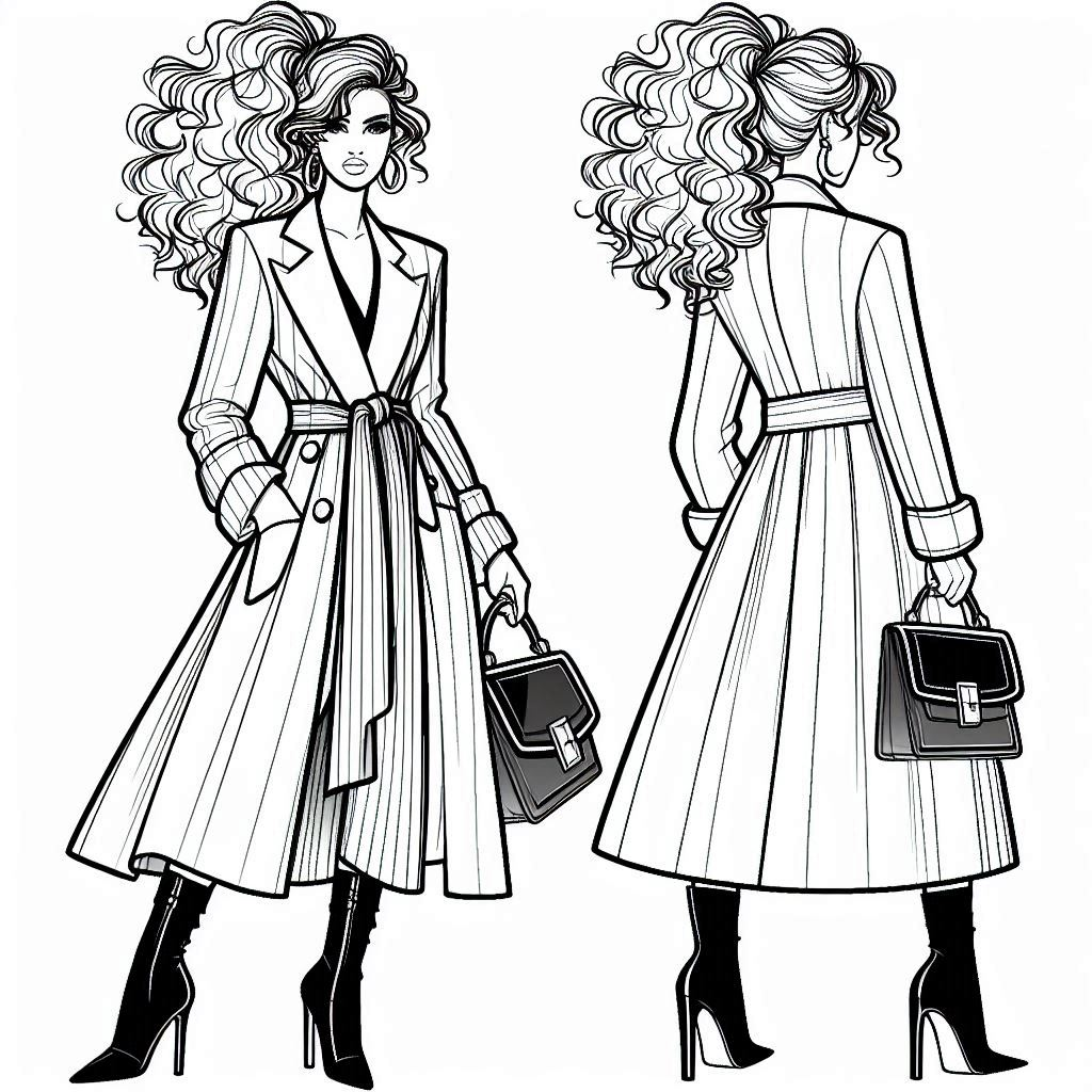 line art coloring page showing a person wearing a tailored longline coat with a bold statement belt around the waist