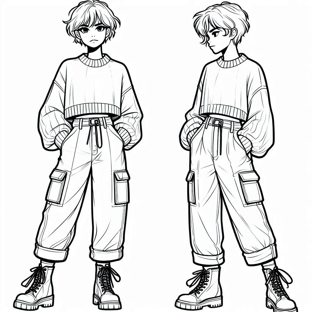 casual fall outfit for a coloring page featuring tailored cargo pants and a cropped sweater. The person has a tousled pixie cut, and they're wearing chunky lace-up boots that reach the mid-calf, adding to the functional and relaxed look.