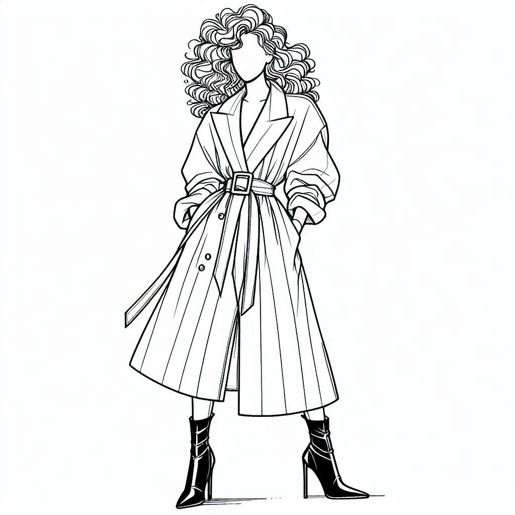 line art coloring page showing a person wearing a tailored longline coat with a bold statement belt around the waist