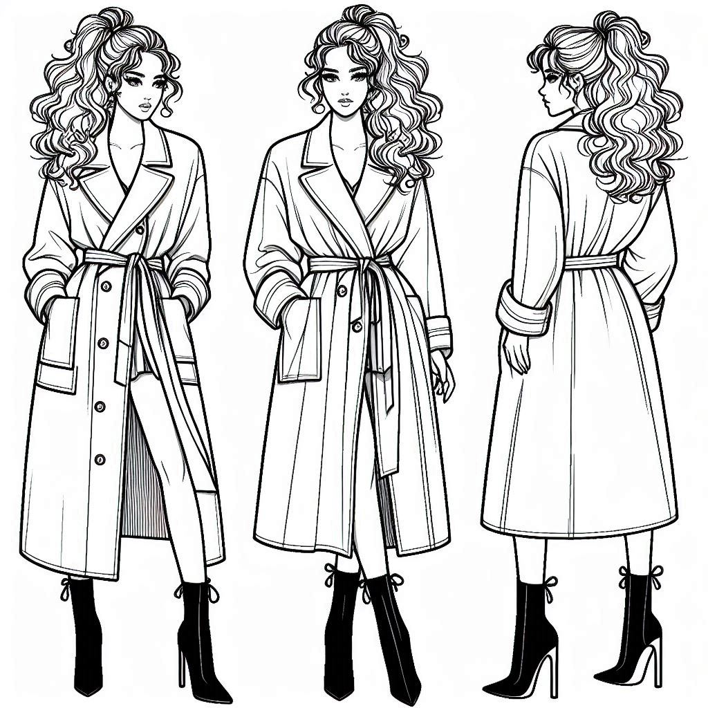 line art coloring page showing a person wearing a tailored longline coat with a bold statement belt around the waist