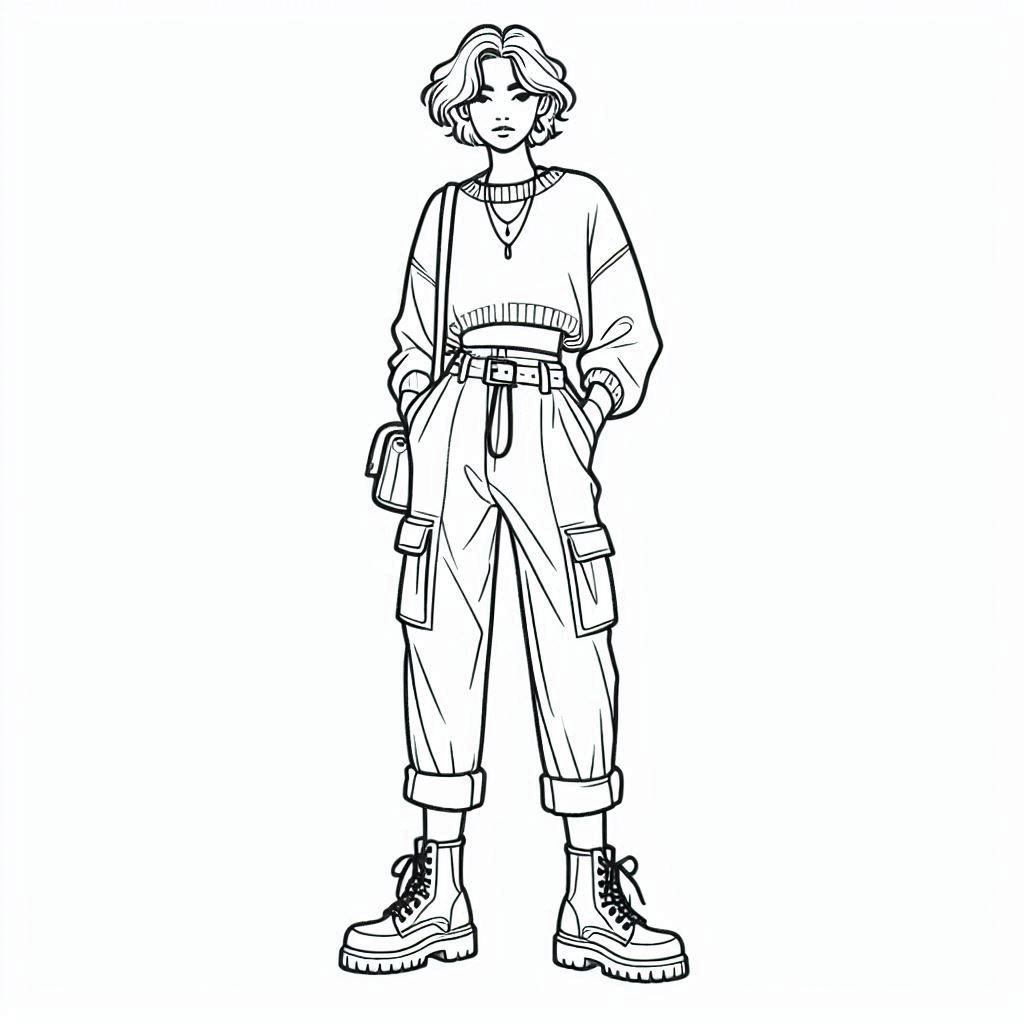 casual fall outfit for a coloring page featuring tailored cargo pants and a cropped sweater. The person has a tousled pixie cut, and they're wearing chunky lace-up boots that reach the mid-calf, adding to the functional and relaxed look.