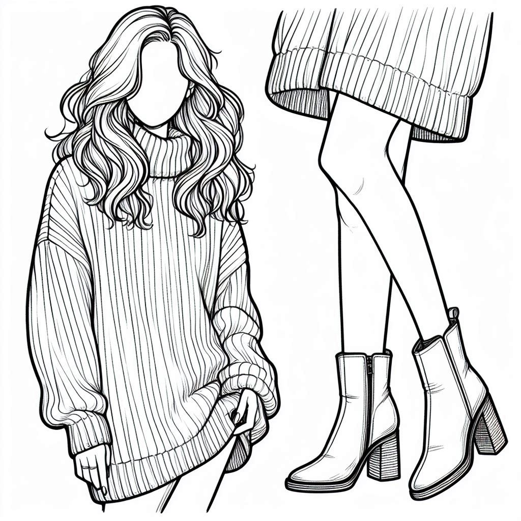 fall-themed coloring page featuring a person in a cozy turtleneck sweater dress, paired with fashionable ankle boots. The person has medium-length wavy hair that frames their face, and the boots are chunky-heeled with a casual yet stylish vibe, perfect for coloring