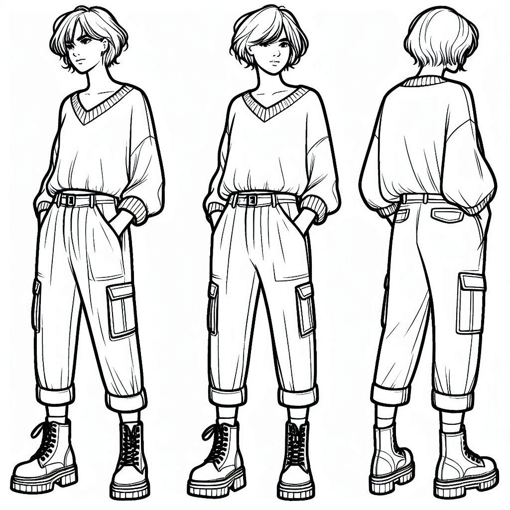 casual fall outfit for a coloring page featuring tailored cargo pants and a cropped sweater. The person has a tousled pixie cut, and they're wearing chunky lace-up boots that reach the mid-calf, adding to the functional and relaxed look.