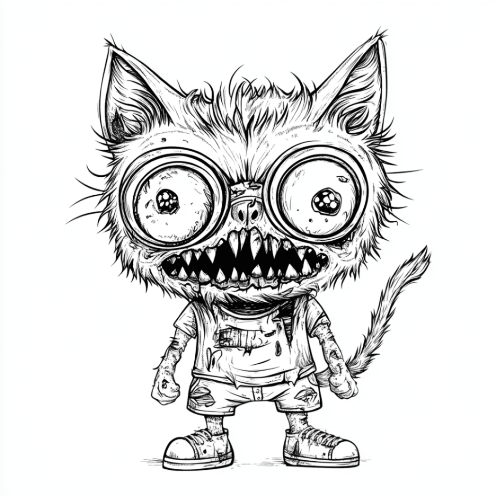 horror ugle zombie cat coloring page