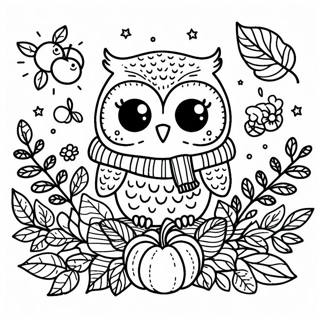 happy fall autumn cute owl coloring page for kids