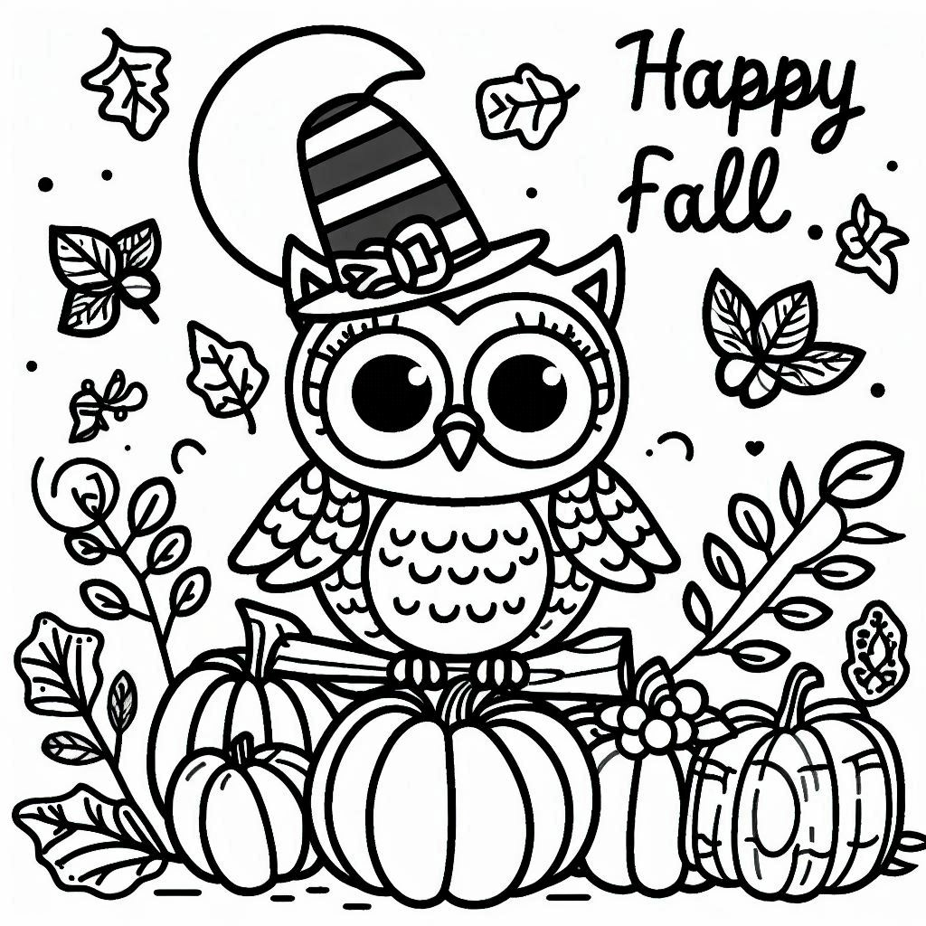 happy fall autumn cute owl coloring page for kids